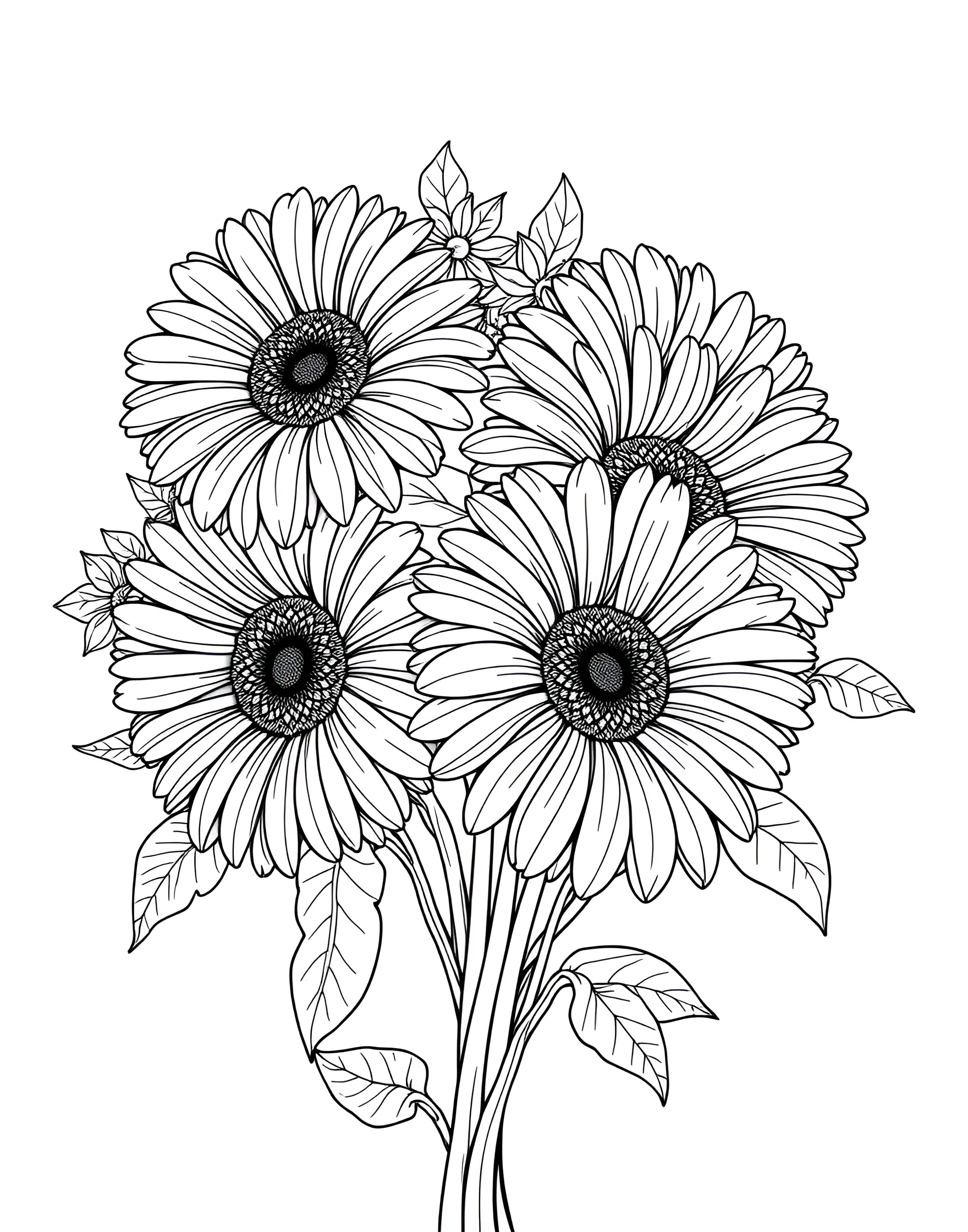 Cheerful Gerbera Daisy Bouquet Coloring Page -- prompt: "A bouquet of gerbera daisies with their large, cheerful blooms in various positions." -- Brighten your day with this cheerful gerbera daisy bouquet coloring page. The large, vibrant blooms of gerbera daisies offer a fun and uplifting coloring experience. This page is great for those who love bold, happy flowers and enjoy playing with bright color palettes.