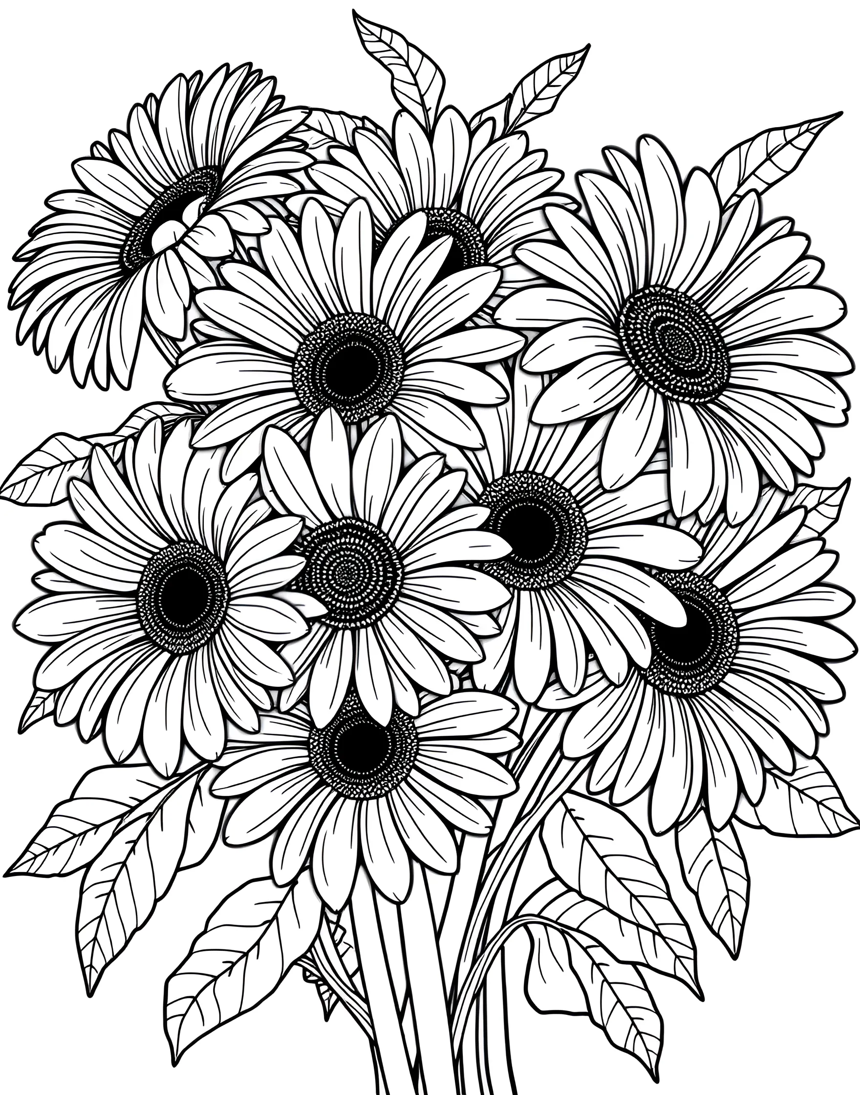 Cheerful Gerbera Daisy Bouquet Coloring Page -- prompt: "A bouquet of gerbera daisies with their large, cheerful blooms in various positions." -- Brighten your day with this cheerful gerbera daisy bouquet coloring page. The large, vibrant blooms of gerbera daisies offer a fun and uplifting coloring experience. This page is great for those who love bold, happy flowers and enjoy playing with bright color palettes.