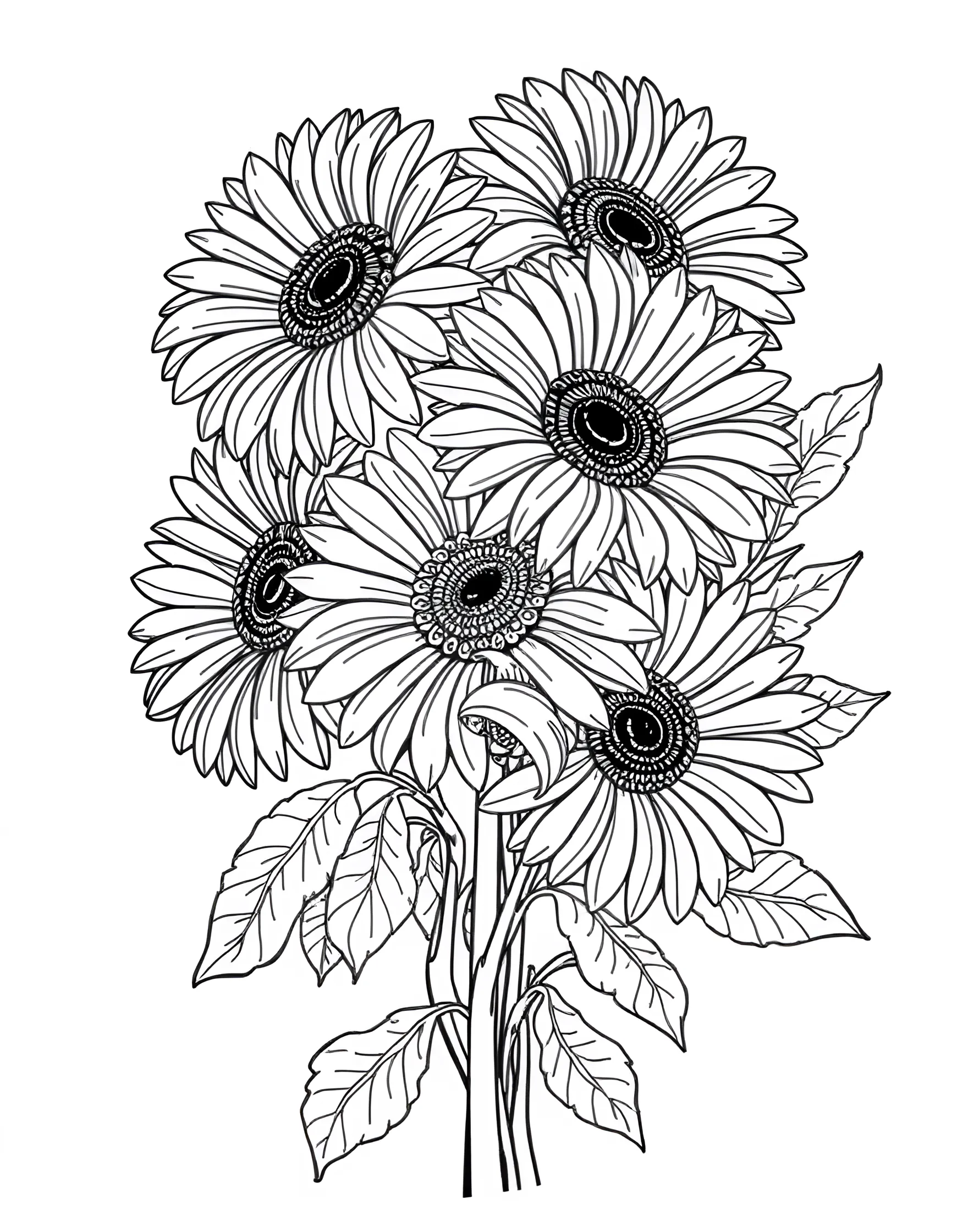 Cheerful Gerbera Daisy Bouquet Coloring Page -- prompt: "A bouquet of gerbera daisies with their large, cheerful blooms in various positions." -- Brighten your day with this cheerful gerbera daisy bouquet coloring page. The large, vibrant blooms of gerbera daisies offer a fun and uplifting coloring experience. This page is great for those who love bold, happy flowers and enjoy playing with bright color palettes.