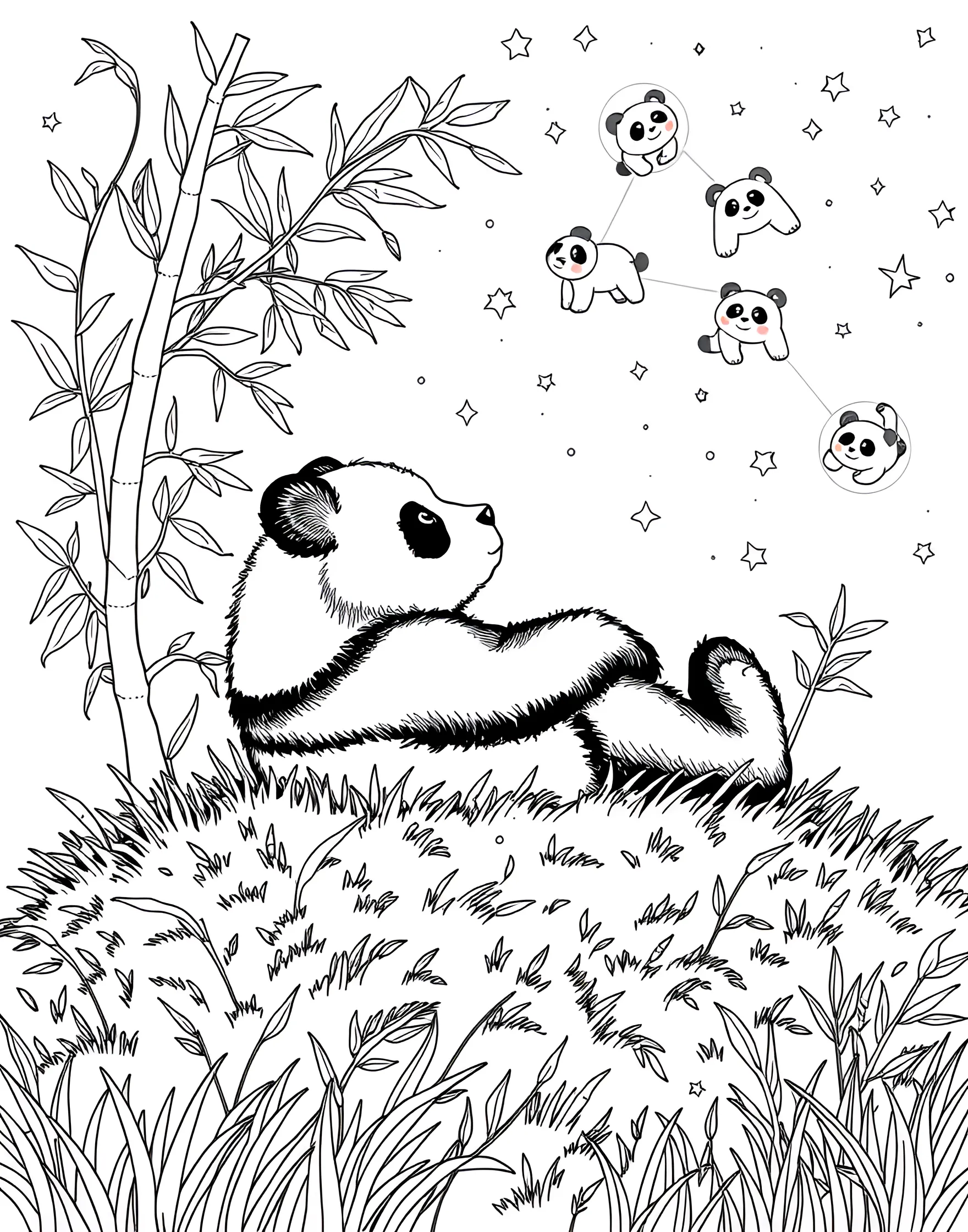 Panda's Stargazing Night Coloring Page -- prompt: "A panda lying on a hill, stargazing at a night sky with panda and bamboo constellations." -- This serene coloring page captures a panda's wonder at the night sky. A curious panda lies on its back atop a hill, gazing up at a star-filled sky. Nearby bamboo stalks frame the scene, while constellations in the shapes of pandas and bamboo leaves twinkle above.