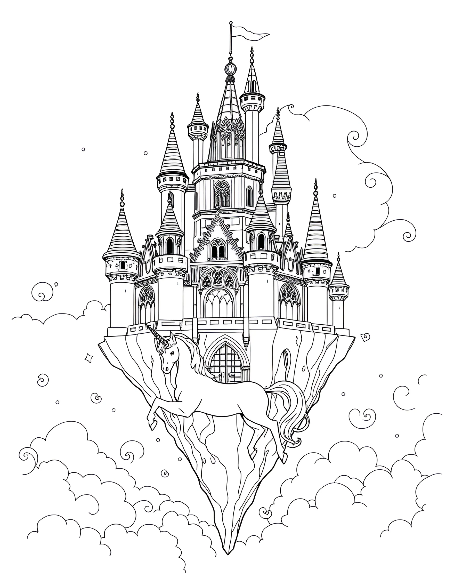 Unicorn Castle in the Clouds Coloring Page -- prompt: "A grand castle floating on clouds, with a unicorn standing at its entrance." -- Let your imagination soar with this fantastical coloring page of a unicorn's castle in the clouds. The majestic structure floats among fluffy clouds, with a unicorn standing guard at its entrance. This page is ideal for those who love elaborate, fairy-tale inspired scenes.