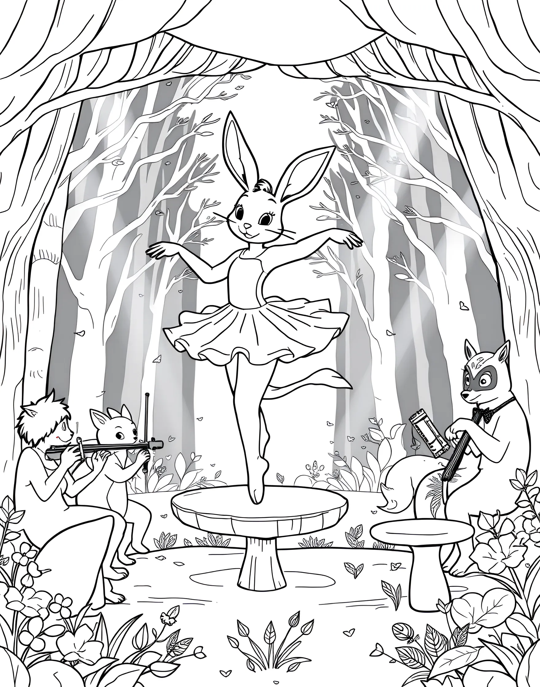 Bunny Ballerina's Dance Recital Coloring Page -- prompt: "A bunny ballerina performing on stage with other animal dancers in a woodland theater." -- Twirl into a world of cuteness with this adorable coloring page featuring a bunny ballerina's dance recital. The main bunny pirouettes center stage, surrounded by her furry friends performing in tutus and bow ties. The woodland theater is decorated with flower garlands and carrot-shaped spotlights, creating a charming setting for this animal dance performance.