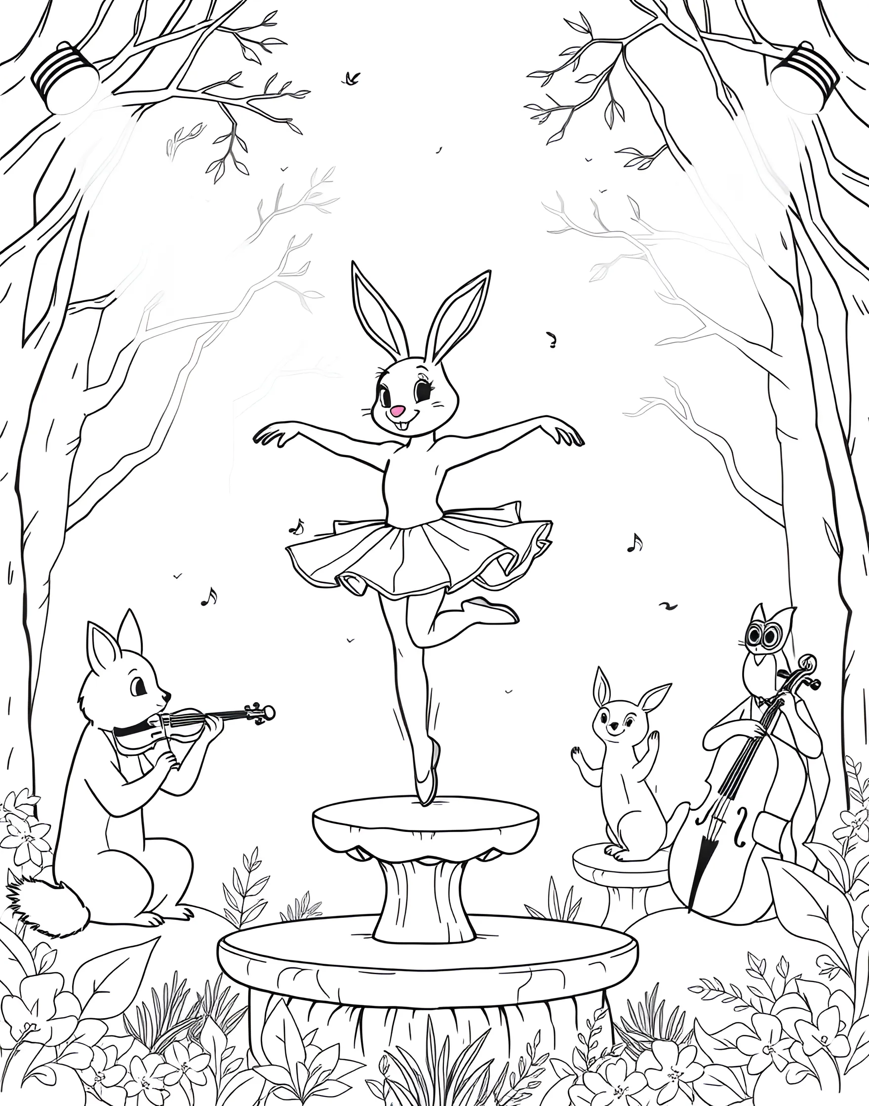 Bunny Ballerina's Dance Recital Coloring Page -- prompt: "A bunny ballerina performing on stage with other animal dancers in a woodland theater." -- Twirl into a world of cuteness with this adorable coloring page featuring a bunny ballerina's dance recital. The main bunny pirouettes center stage, surrounded by her furry friends performing in tutus and bow ties. The woodland theater is decorated with flower garlands and carrot-shaped spotlights, creating a charming setting for this animal dance performance.