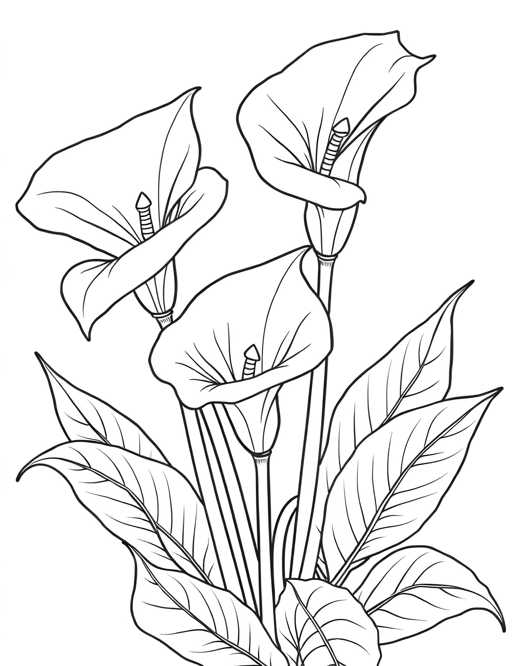 Graceful Calla Lily Elegance Coloring Page -- prompt: "A group of calla lilies with their distinctive curved shapes and long stems." -- Embrace sophistication with this graceful calla lily coloring page. The smooth, curved lines of these elegant flowers offer a soothing coloring experience. This page is perfect for those who appreciate minimalist beauty and enjoy creating depth through subtle shading techniques.