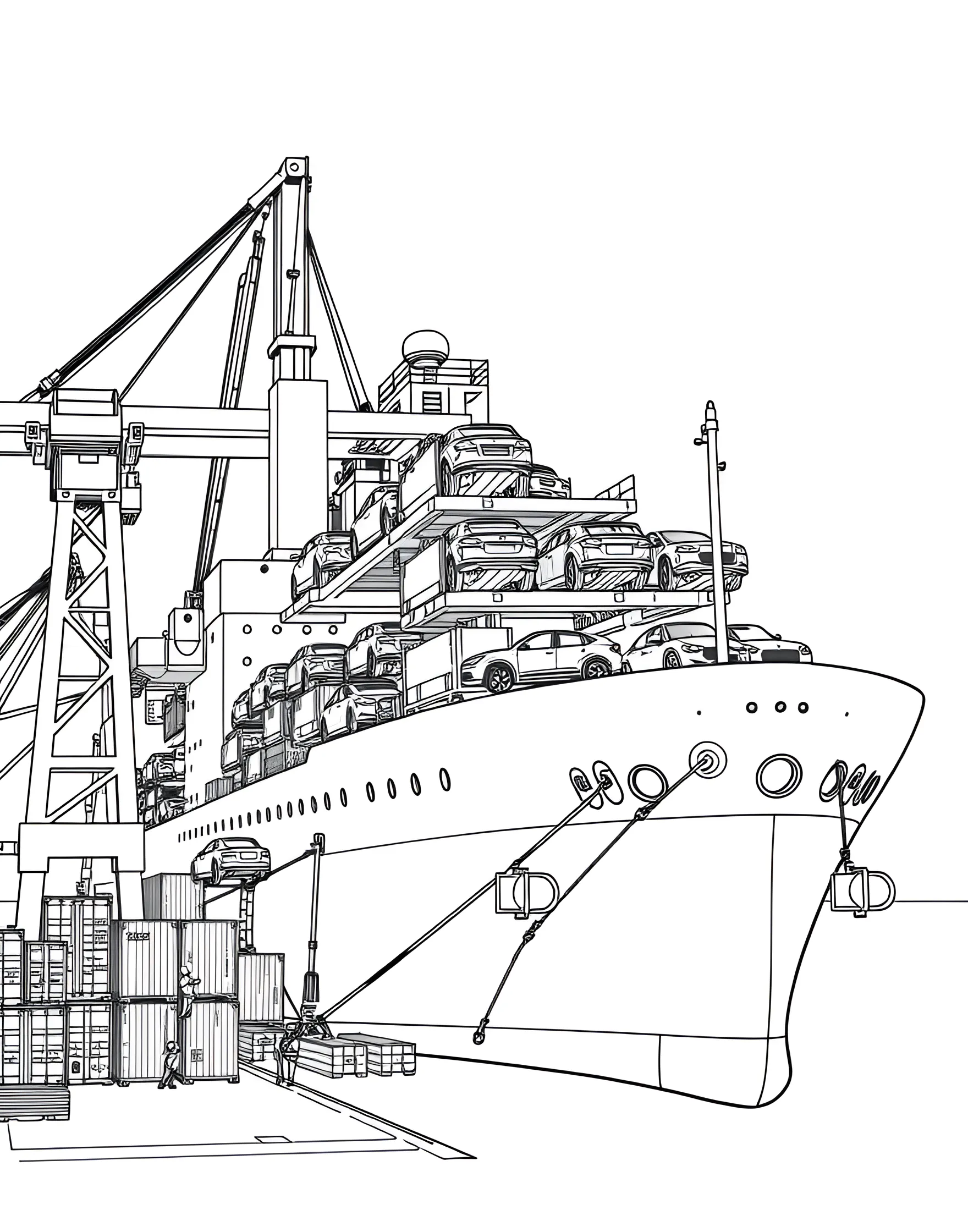 Car Being Loaded onto a Car Transport Ship Coloring Page -- prompt: "Cars being loaded onto a large car transport ship at a port with cranes and dockworkers visible." -- Explore global auto transport with this fascinating coloring page showing cars being loaded onto a massive transport ship. The scene depicts vehicles being driven or lifted onto the ship's multiple decks, ready for their overseas journey. It's an educational glimpse into how cars travel across oceans.