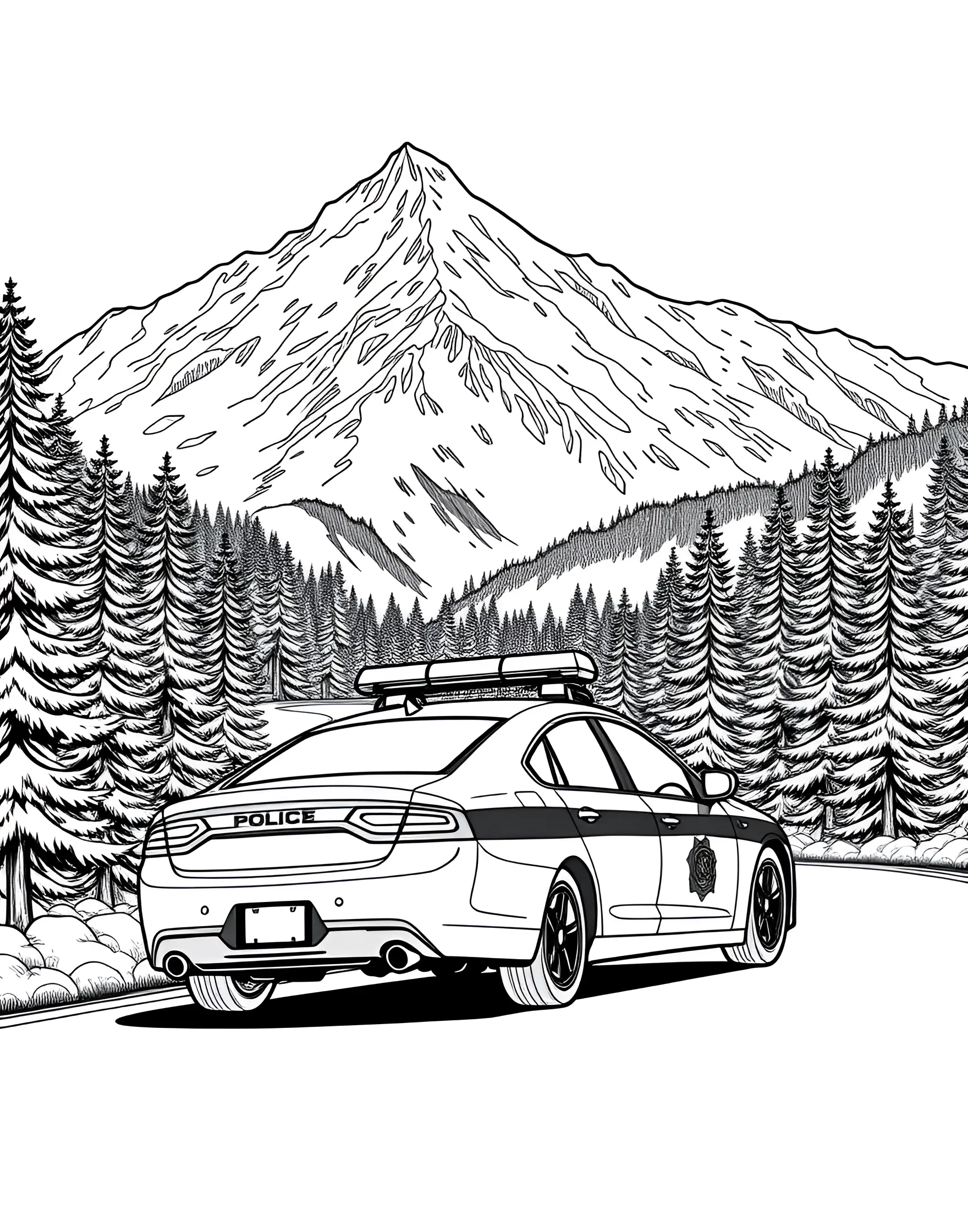 Police Car on a Mountain Road Coloring Page -- prompt: "A police car driving on a winding mountain road with peaks and forests in the background." -- This scenic coloring page features a police car navigating a winding mountain road. With majestic peaks and forests in the background, it showcases the varied terrains police cars might encounter. It's great for kids who love both cars and nature.