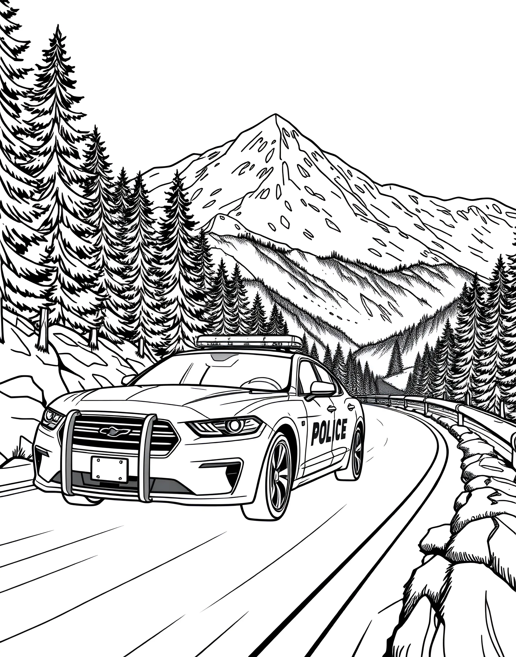 Police Car on a Mountain Road Coloring Page -- prompt: "A police car driving on a winding mountain road with peaks and forests in the background." -- This scenic coloring page features a police car navigating a winding mountain road. With majestic peaks and forests in the background, it showcases the varied terrains police cars might encounter. It's great for kids who love both cars and nature.