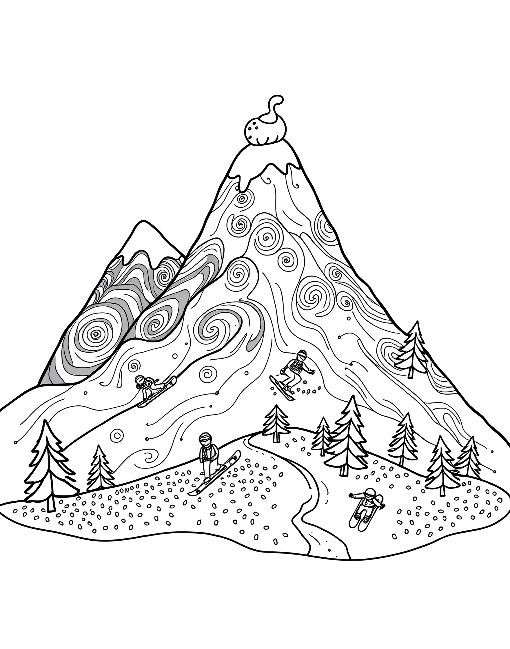 Ice Cream Mountain Range Coloring Page -- prompt: "A mountain range where each peak is a different ice cream flavor, with tiny skiers and snowboarders on the slopes." -- Scale the peaks of the Ice Cream Alps with this frosty mountain range coloring page. Each mountain is a different flavor, with glaciers of vanilla and peaks of chocolate. Skiers and snowboarders navigate the delicious slopes. This page offers a cool twist on traditional landscape coloring.