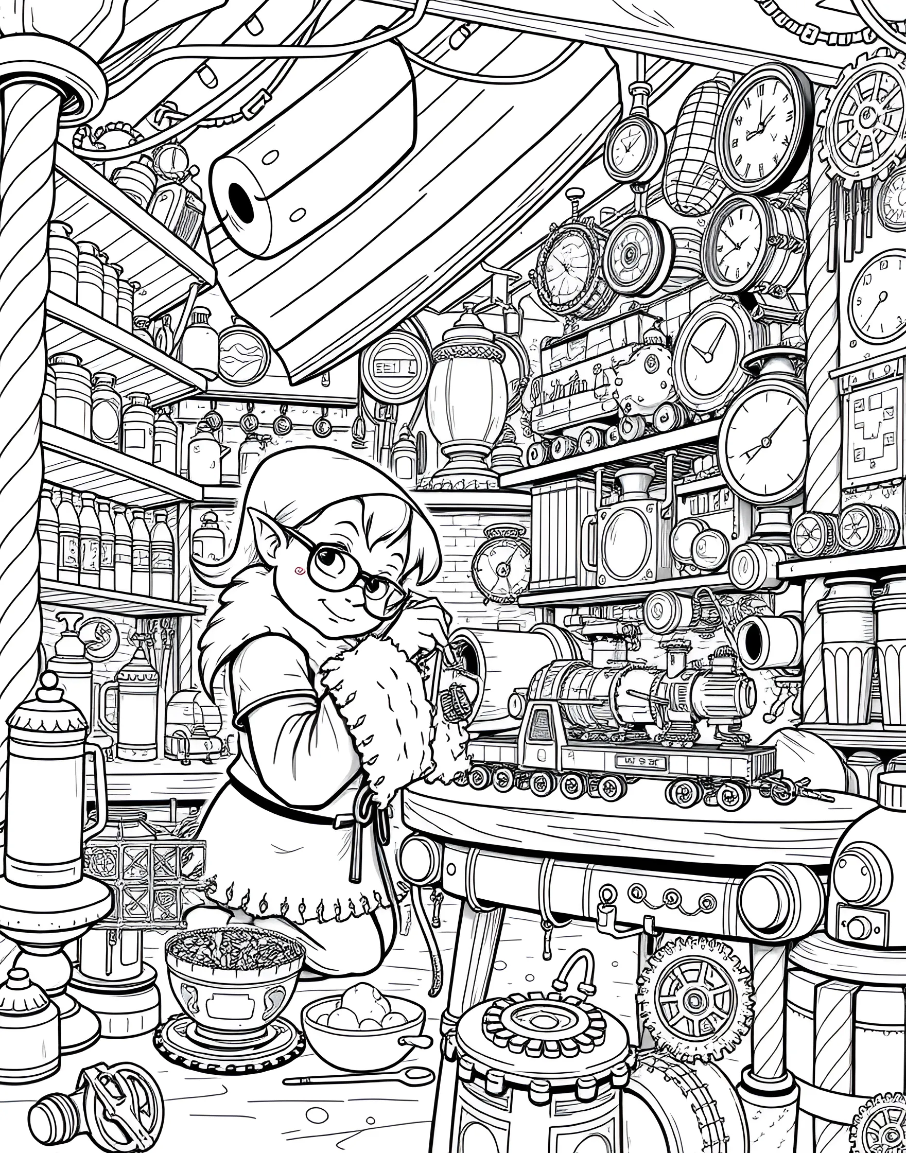 Elf's Toy Workshop Coloring Page -- prompt: "An elf working on toys in a workshop filled with tools and magical elements." -- Peek into an elf's busy workshop with this detailed coloring page. The industrious elf sits at a workbench surrounded by toys in various stages of completion. Tools, paints, and magical touches fill the cozy space.