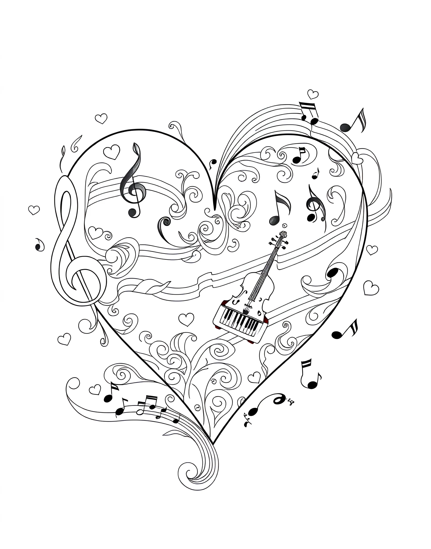 Music Notes Heart Coloring Page -- prompt: "A heart made up of musical notes, clefs, and symbols on a flowing musical staff." -- This melodious coloring page features a heart composed of various musical notes, clefs, and symbols. The flowing lines of the staff weave through the heart, creating a dynamic and rhythmic design. This page is perfect for music lovers and those who believe in the harmony of love.