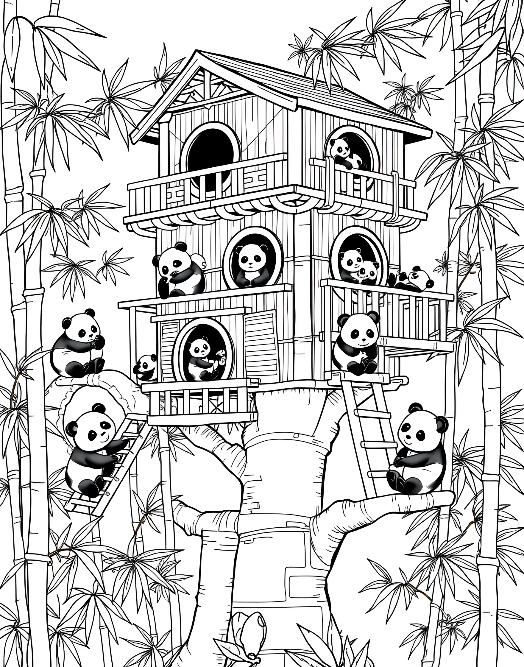 Panda's Bamboo Treehouse Coloring Page -- prompt: "A multi-level panda treehouse made of bamboo with pandas climbing and peeking out of windows." -- Explore the heights of panda imagination with this treehouse coloring page. A elaborate treehouse constructed entirely of bamboo stalks and leaves sits high in a giant bamboo plant. Pandas peek out from windows and climb ladders, showcasing their arboreal lifestyle.