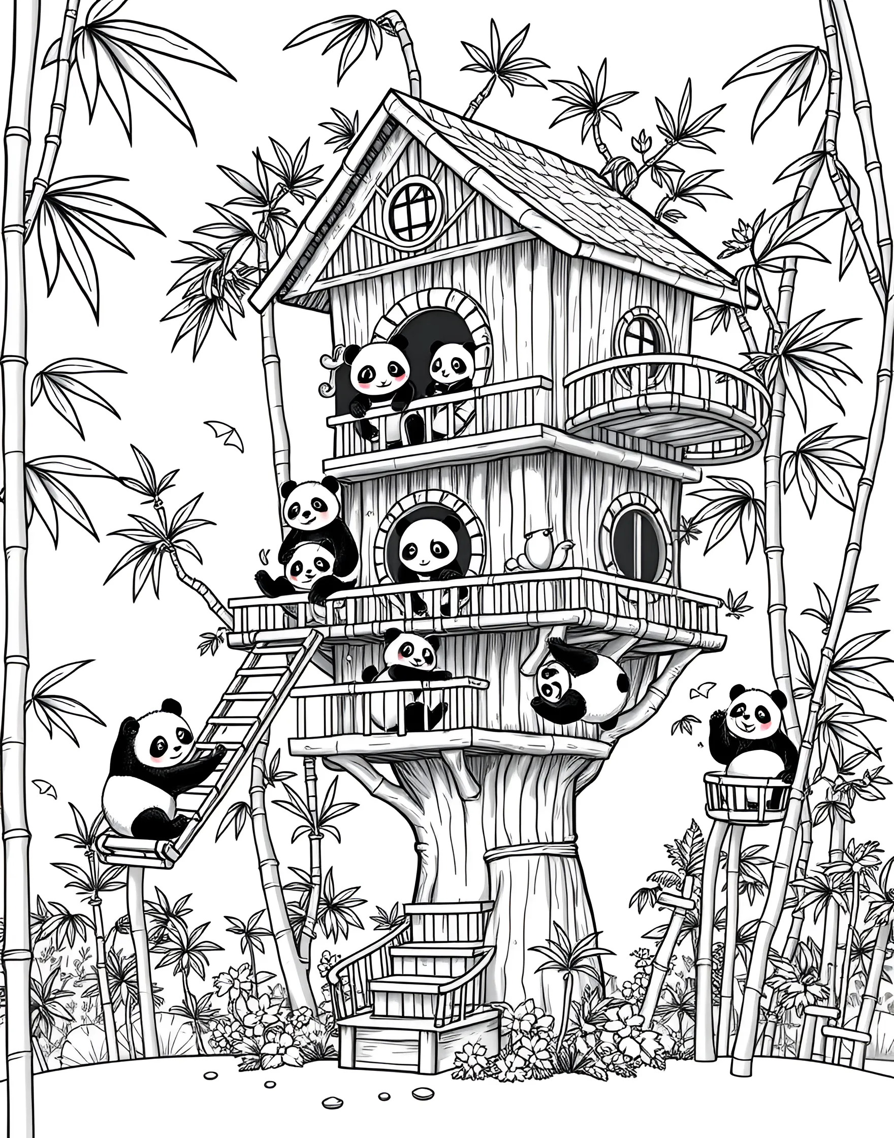 Panda's Bamboo Treehouse Coloring Page -- prompt: "A multi-level panda treehouse made of bamboo with pandas climbing and peeking out of windows." -- Explore the heights of panda imagination with this treehouse coloring page. A elaborate treehouse constructed entirely of bamboo stalks and leaves sits high in a giant bamboo plant. Pandas peek out from windows and climb ladders, showcasing their arboreal lifestyle.