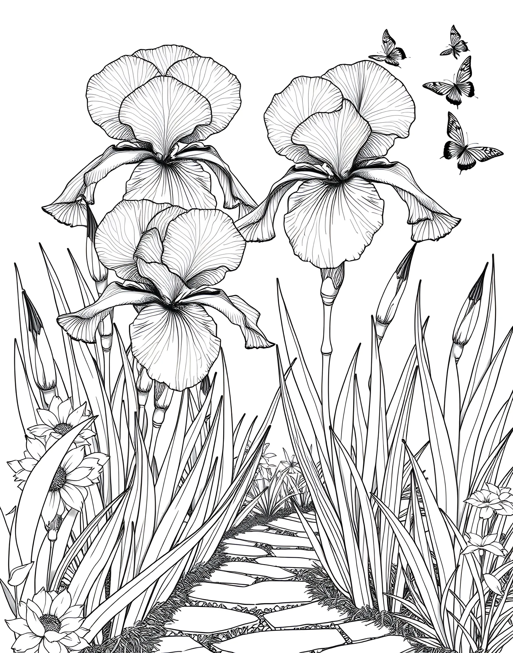 Intricate Iris Garden Coloring Page -- prompt: "A garden scene featuring various iris flowers with their distinctive petal structure and long leaves." -- Dive into the world of irises with this intricate garden coloring page. The unique shape of iris flowers, with their ruffled petals and sword-like leaves, offers an engaging coloring challenge. This page is great for those who enjoy detailed work and appreciate the elegance of these classic garden flowers.