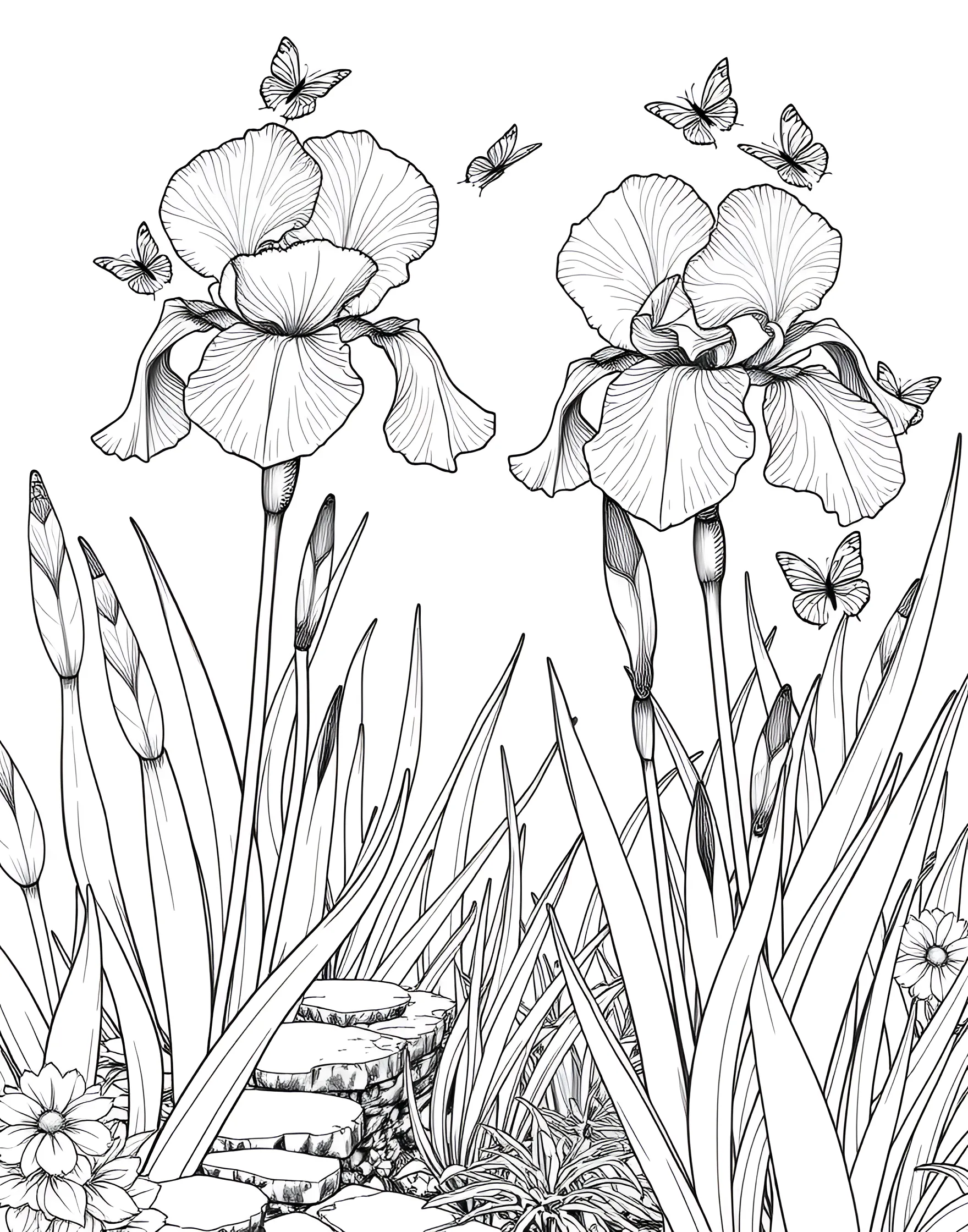 Intricate Iris Garden Coloring Page -- prompt: "A garden scene featuring various iris flowers with their distinctive petal structure and long leaves." -- Dive into the world of irises with this intricate garden coloring page. The unique shape of iris flowers, with their ruffled petals and sword-like leaves, offers an engaging coloring challenge. This page is great for those who enjoy detailed work and appreciate the elegance of these classic garden flowers.