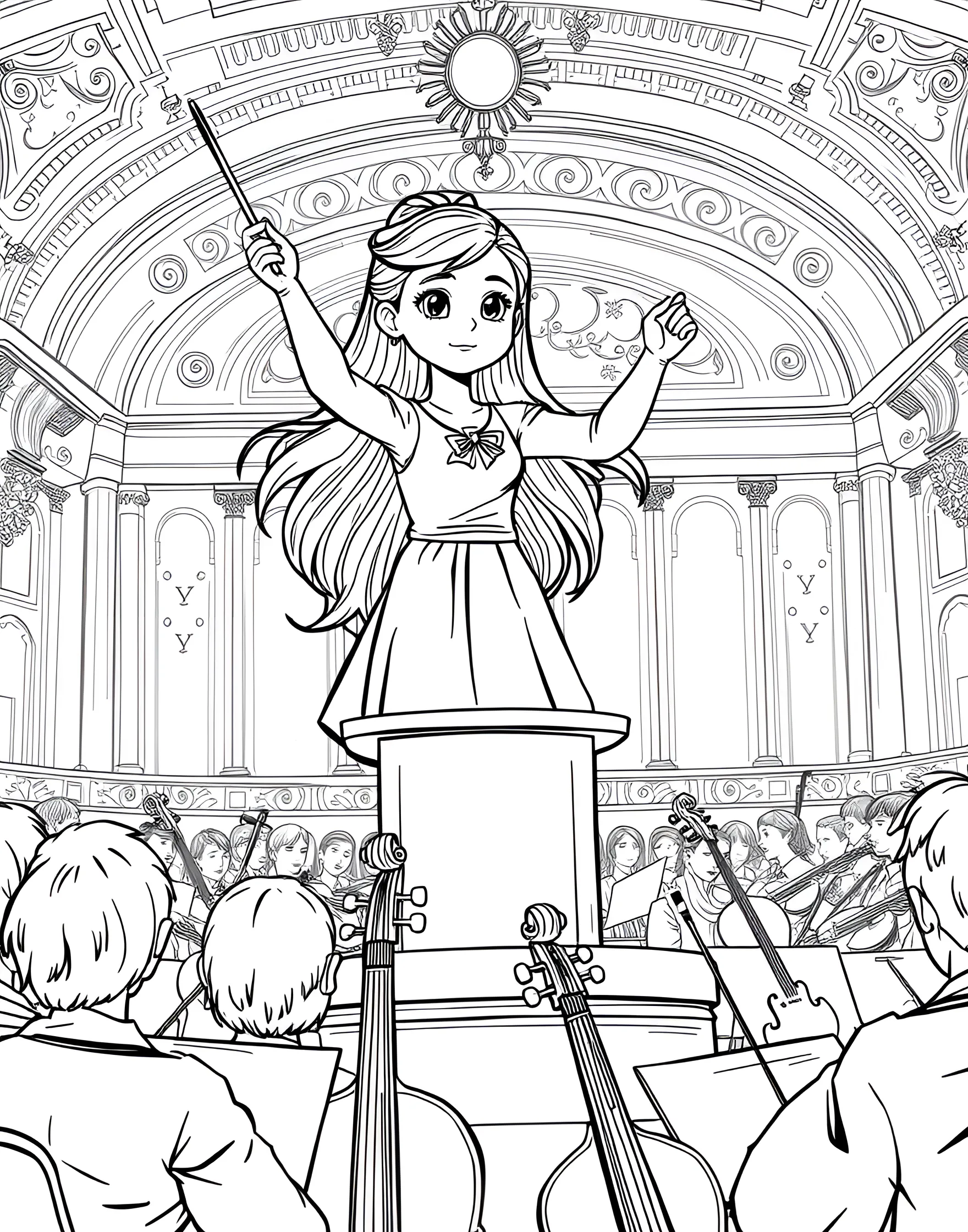 Girl Conductor Leading an Orchestra Coloring Page -- prompt: "A girl conductor leading an orchestra from a podium in a concert hall." -- Celebrate the power of music with this inspiring conductor coloring page. A young girl stands on a podium, baton raised, leading an orchestra of musicians. The detailed instruments, sheet music, and concert hall setting offer numerous elements to color, bringing the world of classical music to life.