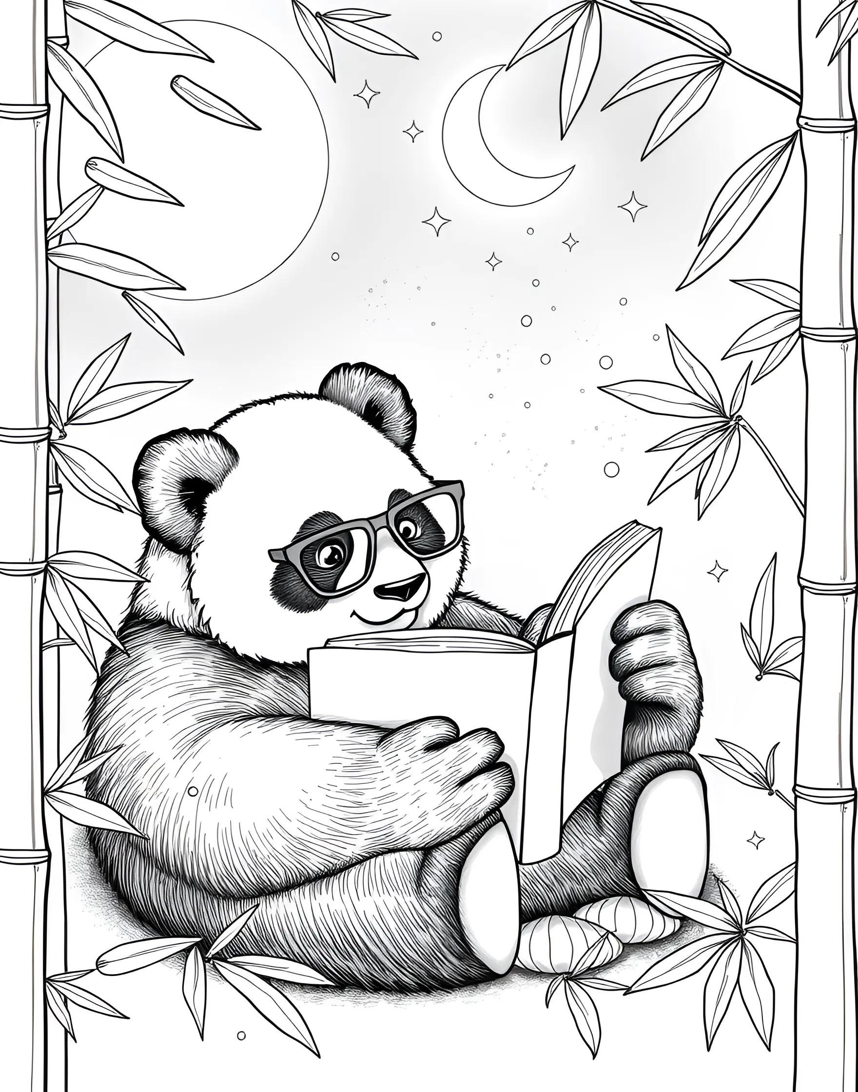 Panda's Cozy Reading Nook Coloring Page -- prompt: "A panda reading a leaf book in a bamboo nook under a night sky with a crescent moon." -- This charming coloring page showcases a panda's love for quiet time. A content panda is nestled in a nook formed by bamboo stalks, reading a book made of large leaves. Soft clouds and a crescent moon overhead suggest a peaceful evening setting perfect for storytime.