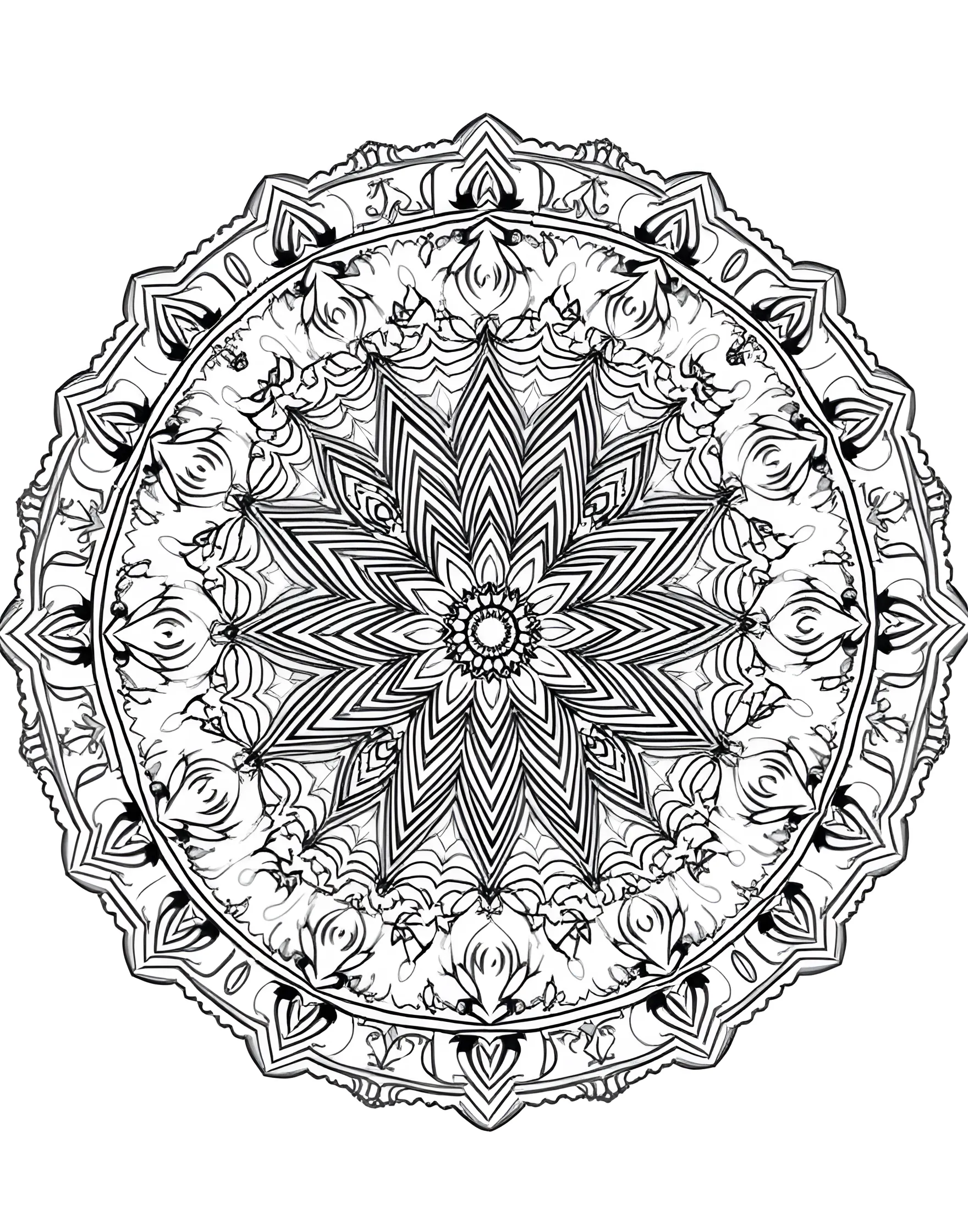 Moroccan Tile Mandala Coloring Page -- prompt: "A circular mandala featuring geometric patterns inspired by traditional Moroccan tiles, arranged in a symmetrical design." -- Transport yourself to exotic lands with this Moroccan-inspired mandala. Intricate geometric patterns reminiscent of traditional tiles form a mesmerizing circular design. Let the rhythmic repetition of shapes guide your coloring choices.