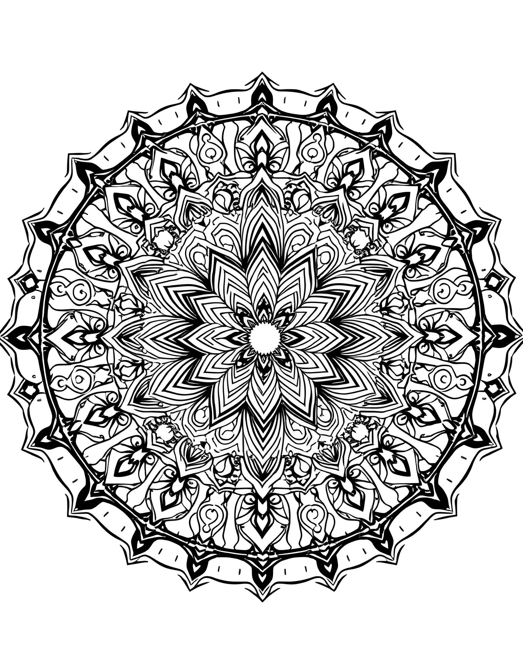 Moroccan Tile Mandala Coloring Page -- prompt: "A circular mandala featuring geometric patterns inspired by traditional Moroccan tiles, arranged in a symmetrical design." -- Transport yourself to exotic lands with this Moroccan-inspired mandala. Intricate geometric patterns reminiscent of traditional tiles form a mesmerizing circular design. Let the rhythmic repetition of shapes guide your coloring choices.