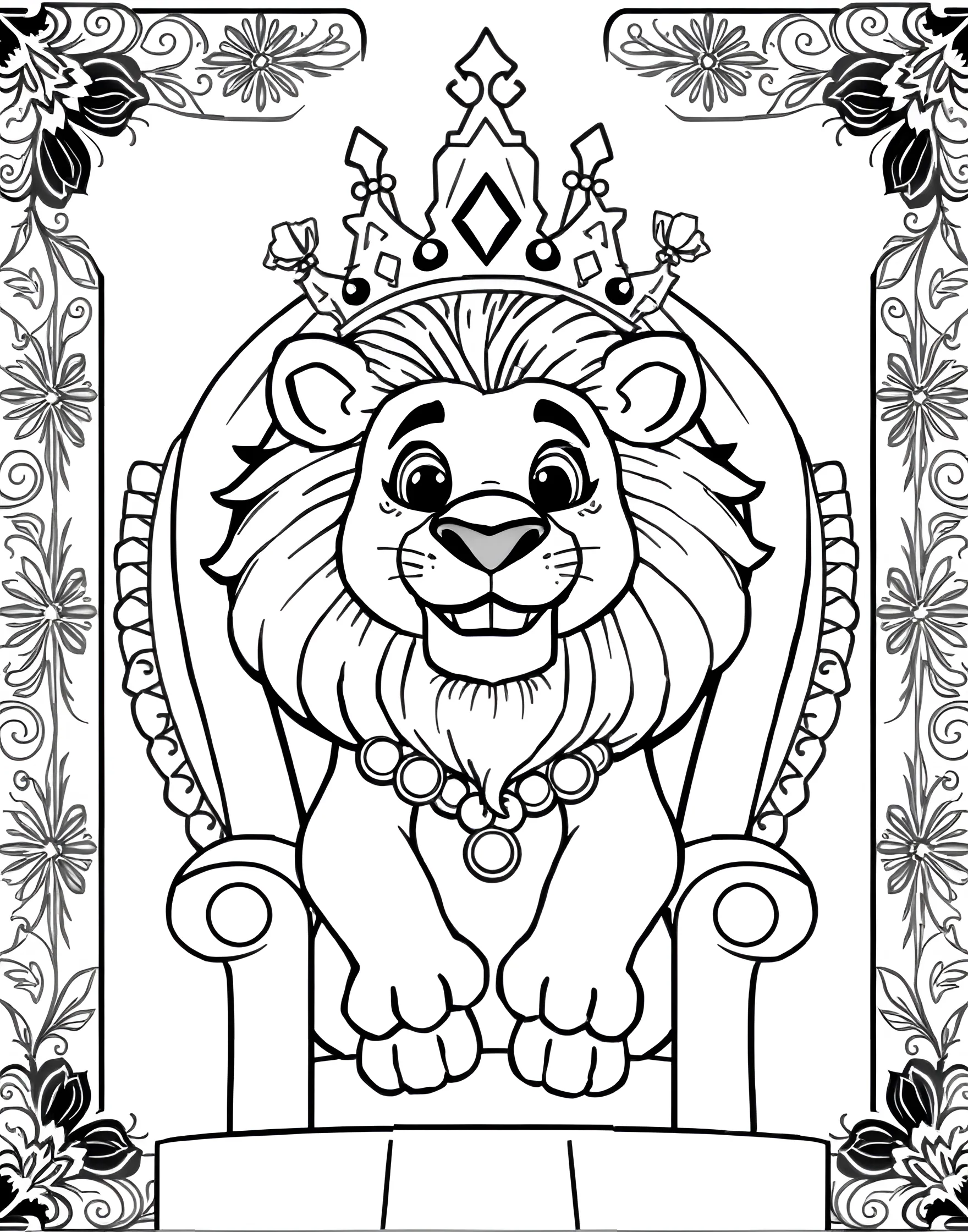 Cartoon Lion King Coloring Page -- prompt: "A cartoon-style lion wearing a crown and smiling, set against a simple background." -- This fun and whimsical coloring page features a cartoon-style lion wearing a crown. The lion's expression is friendly and approachable, making it perfect for younger children or those who prefer a more stylized, less realistic approach to animal illustrations.