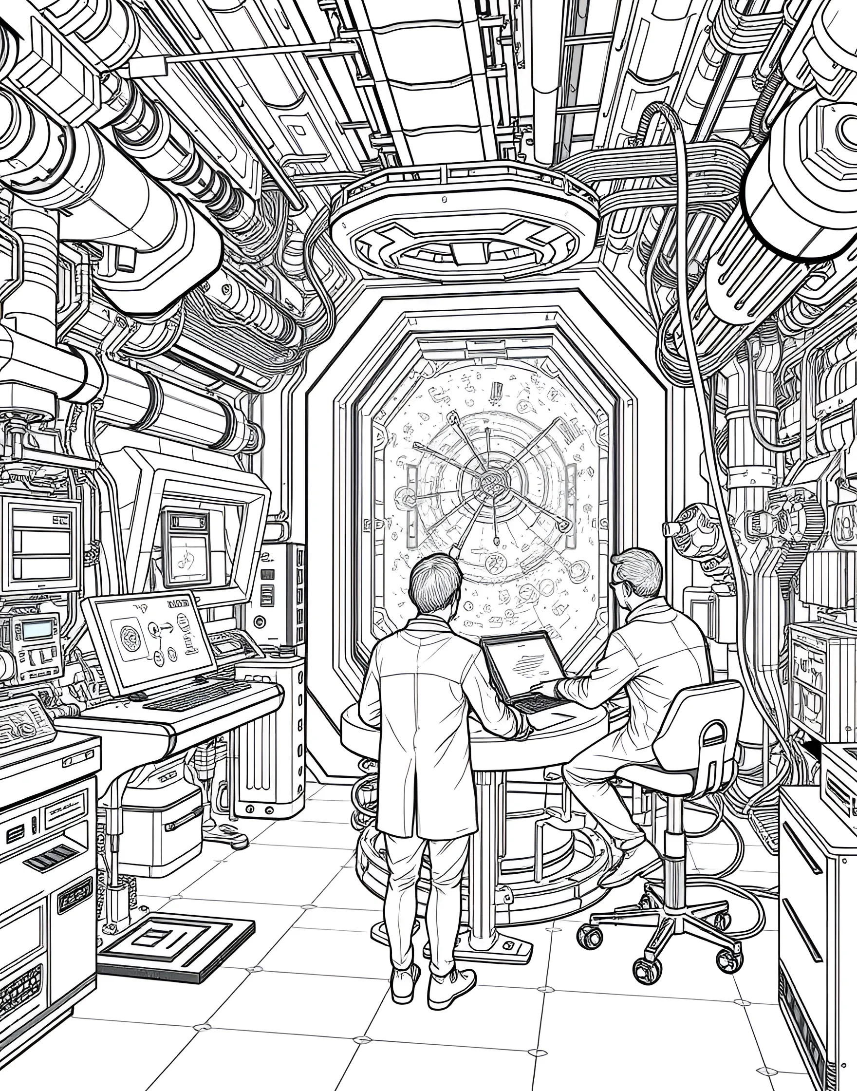 Quantum Teleportation Experiment Coloring Page -- prompt: "A futuristic laboratory with scientists conducting a quantum teleportation experiment using complex equipment." -- Dive into cutting-edge science with this quantum teleportation experiment coloring page. The scene depicts a futuristic laboratory with complex equipment designed to teleport particles or information. Scientists are shown operating the machinery, pushing the boundaries of our understanding of physics.