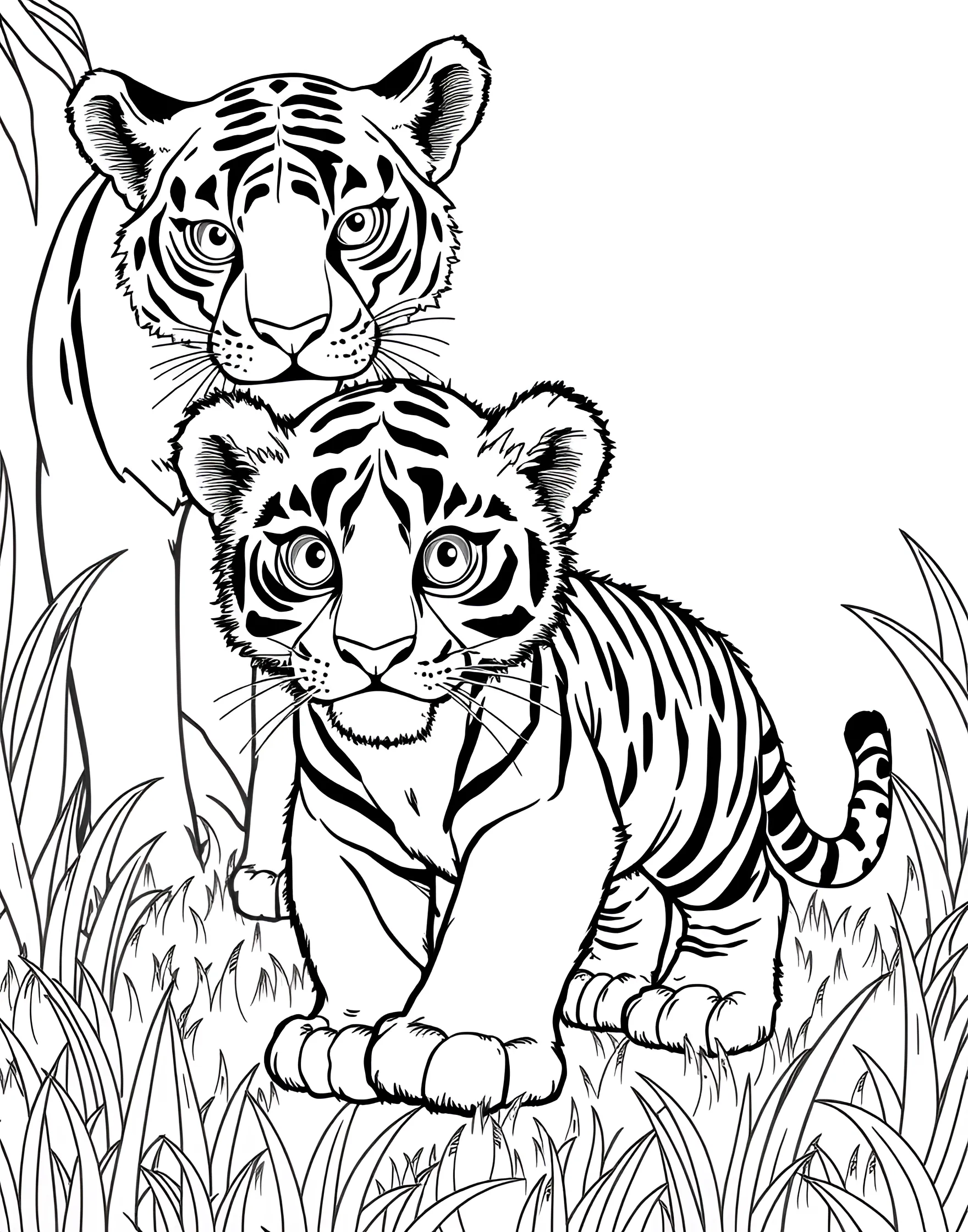 Tiger Cub First Steps Coloring Page -- prompt: "A baby tiger cub taking its first wobbly steps with its mother watching nearby." -- Witness an adorable milestone in this heartwarming coloring page of a tiger cub taking its first steps. The wobbly cub is shown with its mother watching nearby, capturing a tender moment in a tiger's life. This page is sure to bring smiles to animal lovers of all ages.