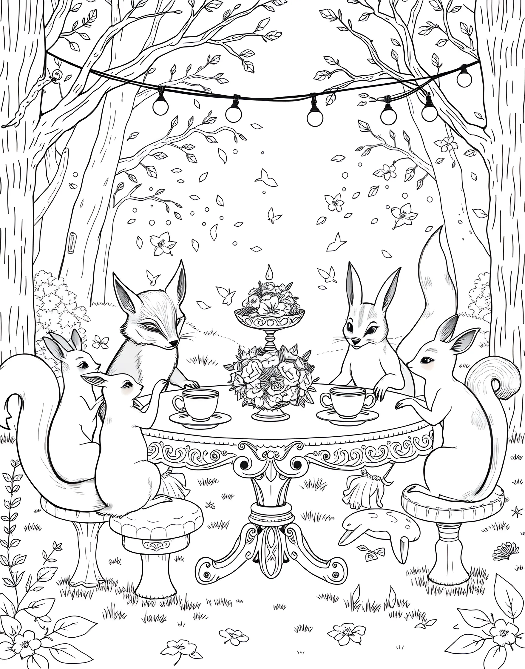 Fox Tea Party in the Forest Coloring Page -- prompt: "A fox having a tea party with other forest animals in a woodland clearing." -- Indulge in a whimsical scene with this charming coloring page of a fox hosting a forest tea party. The fox is seated at a tiny table with woodland friends, complete with teacups and treats. It's a delightful page for those who enjoy adding fine details and creating a cozy, storybook atmosphere.